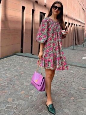 Zara Floral Puff Sleeve Oversized Flowy Cotton Dress Size M